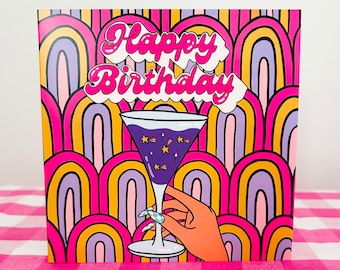 Fun Birthday Cocktail Card, Funky, Bright Retro, Girly Drinks Birthday Card, Birthday Card For Her, Card For Friend, Colourful Birthday Card