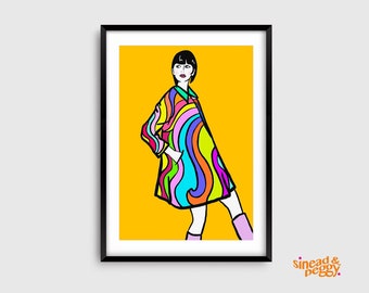 Retro Girl Art Print | Colourful, Stylish, Psychedelic Fashion Illustration | Vintage Style | Retro Art | Mod Girl | 60s | 70s Art Print