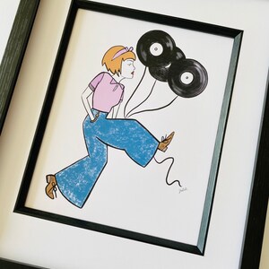 May include: A framed illustration of a woman wearing blue jeans and a pink shirt, holding three black vinyl records as balloons. The woman is walking and smiling. The illustration is signed "jaa".