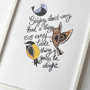 Three Little Birds Bob Marley Lyrics Print Inspirational Art Print Bob Marley & The Wailers Art Birds Illustration A4, A5 image 5