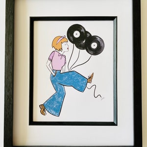 May include: A framed illustration of a woman with short blonde hair wearing a pink shirt and blue jeans. She is holding three black vinyl records as balloons. The illustration is signed "Julie".