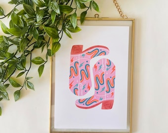 Pink Funky Cowgirl Western Boots Print | Pink Western Wall Art | Pink | Retro Art | 70s | Vintage Fashion | Howdy Cowgirl | Fashion Wall Art