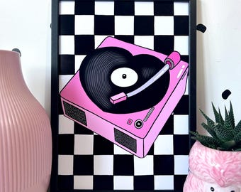 Love Heart Record Player, Music Wall Art, Retro Groovy Print, Turntable Design, Record Player Poster, Retro Home Decor, Vinyl Lover Gifts,