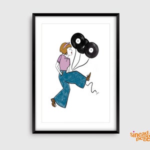 May include: A woman with brown hair and a pink shirt is walking with three black vinyl records as balloons. The woman is wearing blue jeans and brown shoes.