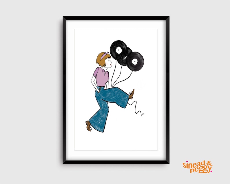 May include: A woman with brown hair and a pink shirt is walking with three black vinyl records as balloons. The woman is wearing blue jeans and brown shoes.