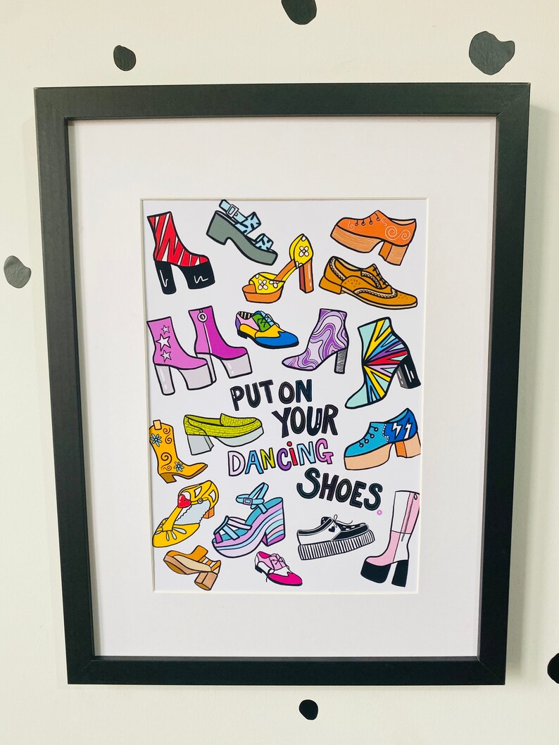 May include: A colorful illustration of various shoes with the text "Put on your dancing shoes".