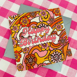 Carte d'anniversaire de style rétro génial des années 60, carte d'anniversaire fleur rose, carte de luxe, carte de voeux design vintage, carte pour elle, maman, grand-mère, femme image 5
