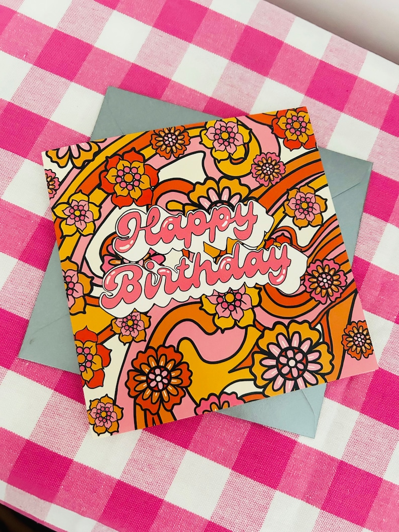 Carte d'anniversaire de style rétro génial des années 60, carte d'anniversaire fleur rose, carte de luxe, carte de voeux design vintage, carte pour elle, maman, grand-mère, femme image 5