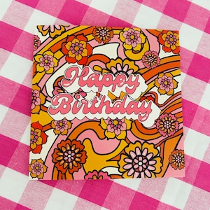 Funky Retro 60s Style Birthday Card, Pink Flower Birthday Card, Luxury Card, Vintage Design Greeting Card, Card for Her, Mum, Nan, Wife