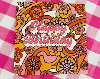 Carte d'anniversaire de style rétro génial des années 60, carte d'anniversaire fleur rose, carte de luxe, carte de voeux design vintage, carte pour elle, maman, grand-mère, femme