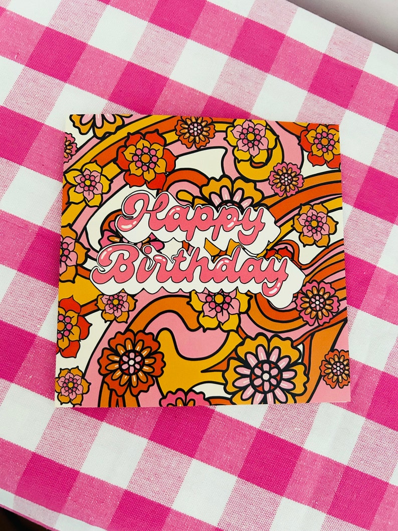 Carte d'anniversaire de style rétro génial des années 60, carte d'anniversaire fleur rose, carte de luxe, carte de voeux design vintage, carte pour elle, maman, grand-mère, femme image 1
