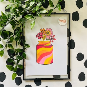 May include: A colourful illustration of a jar with a swirl pattern filled with pink, orange, yellow and red flowers. The jar is on a white background.