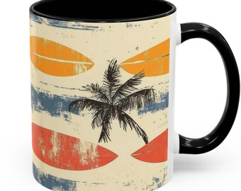 Retro Surfboards Palm Tree Mug | Accent Coffee Mug 11oz 15oz