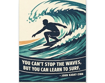 Surfing Quote Canvas Wall Art – Vintage Waves, Surfer Silhouette (Stretched Matte)