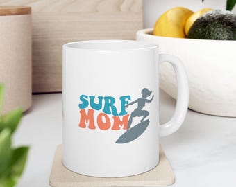 Surfing Mom Retro Surfboard Silhouette Ceramic Mug (11oz or 15oz)
