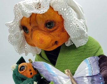 Conjunto de muñecas únicas de calabaza de Halloween: Polly y Wendy, muñecas de arte hechas a mano.