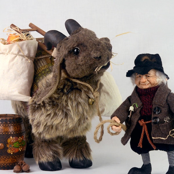 Ensemble de poupées artistiques ooak, nain BALGUR et BILLY avec chèvre, fées, poupées gnomes, bouc, animal des bois, fausse taxidermie unique en son genre
