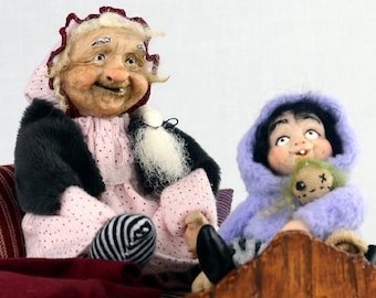 OOAK Art Doll Set: "Adelheid & Elsie" Handmade Miniature Witch Baby Dolls