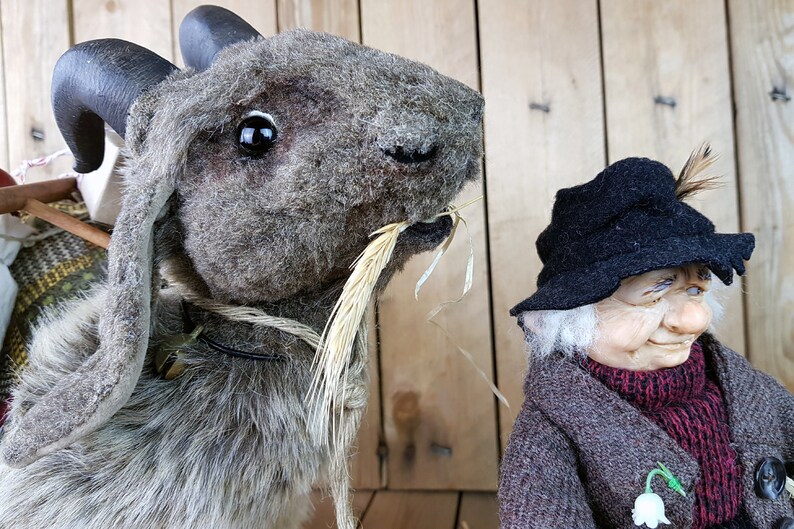 May include: A gray and brown stuffed goat with large horns and a long, thin piece of straw in its mouth. The goat is wearing a black collar and is standing next to a small, gray-haired, elderly doll wearing a black hat and a brown coat.