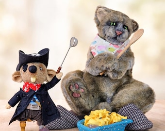 OOAK Artist Teddy Set: Pirate Mouse & Cat - Dinner Is Served