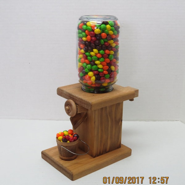 Handmade, wooden gumball / peanut / candy dispenser with removable wooden bucket