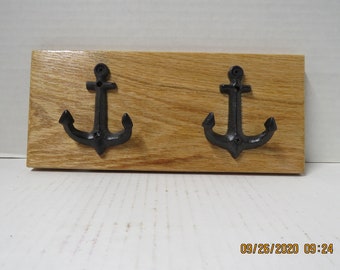 Hardwood coat hooks Rustic coat or towel hooks on solid oak Rustic cast anchor shaped coat hooks