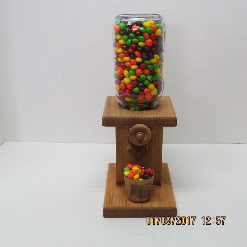 Handmade, wooden gumball / peanut / candy dispenser with removable wooden bucket image 2