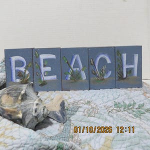 May include: Wooden blocks spelling "BEACH" in white, with painted beach grass accents, set against a blue background. A seashell rests on a patterned quilt in the foreground. The blocks are a decorative item.