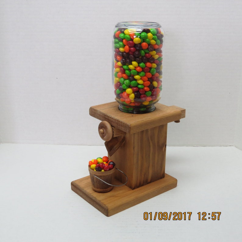 Handmade, wooden gumball / peanut / candy dispenser with removable wooden bucket image 1