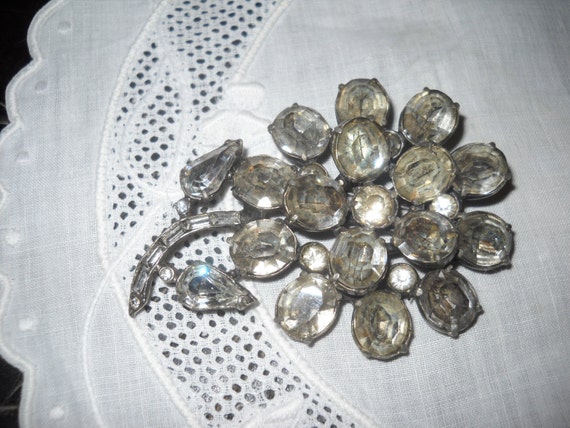 Large Flower Brooch 1930's Vintage Rhinestone