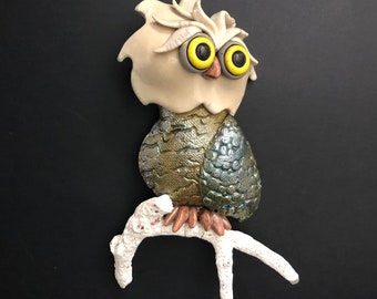 Whimsical Owl on Coral- Raku