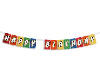 Toy Bricks Themed Happy Birthday Banner, Toy Bricks Birthday Party