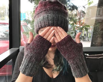 Hat and Mittens, Hat, Fingerless Gloves,  Slouchy Hat, Wool Hat, Pom Pom Hat, Beanie, Knitting accessories, Winter Hat, Hipster Beanie