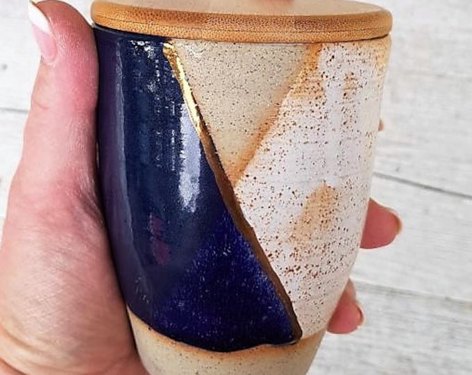 handmade ceramic tumbler/keep cup - white, & navy with gold detail - melbourne made - boho decor - gifts for her - gifts for mum