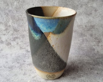Handmade ceramic tumbler/Keep Cup Geometrix Dip Blue, White and Black- gifts for her - gifts for him - latte cup - rustic cup
