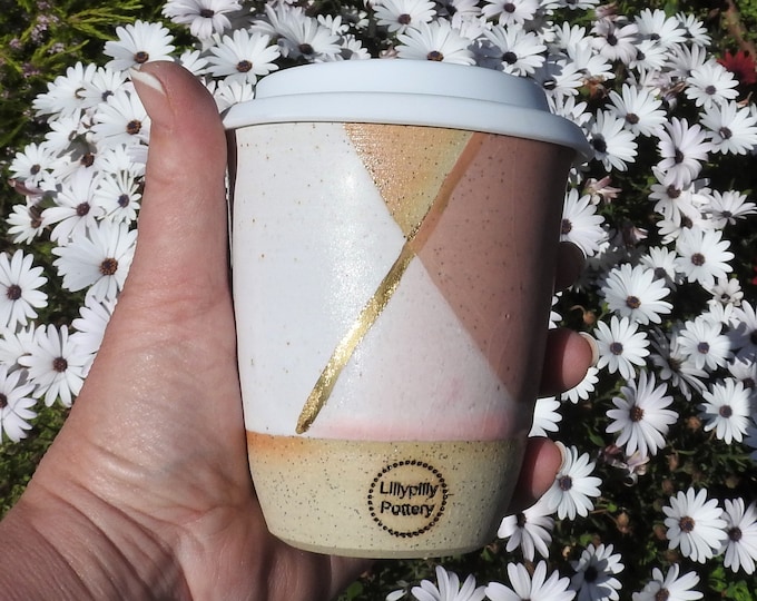 handmade ceramic tumbler/keep cup - white, & pink with gold detail - melbourne made - boho decor - gifts for her - gifts for mum