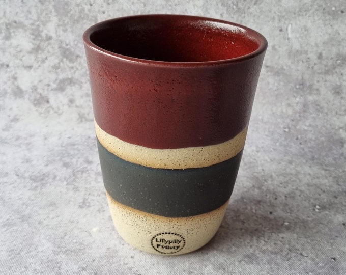 Handmade ceramic tumbler/keep cup - Banded design in black and maroon - gifts for her - gifts for mum - modern decor - latte cup