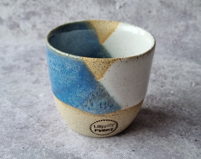 Handmade Ceramic Keep Cup/Tumbler - Geometrix design in white and light blue made in melbourne - gifts for mum - modern decor - keep cup