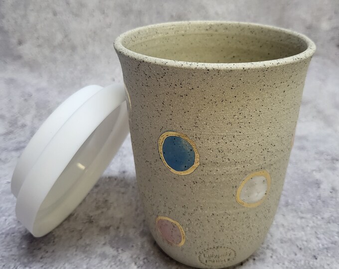 Handmade ceramic travel cup/tumbler dots with gold - gifts for her - gifts for sister - gifts for mum - modern decor - latte cup - keep cup