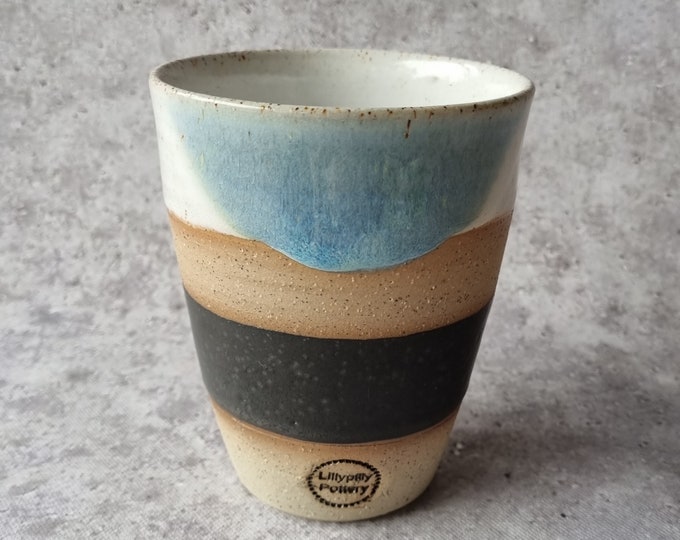 Handmade ceramic tumbler/Keep Cup in blue dip dye design - gifts for her - gifts for sister - gifts for him - latte cup - rustic cup