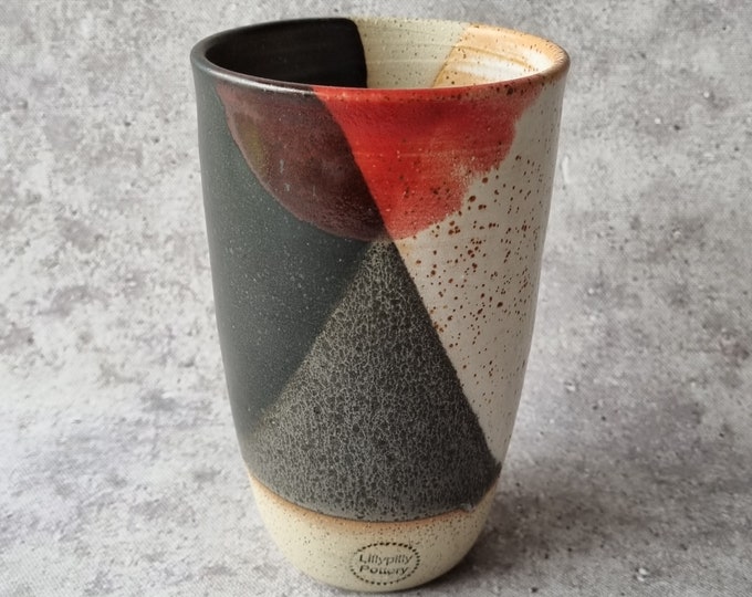 Handmade ceramic tumbler/Keep Cup Geometrix Dip Red, White and Black- gifts for her - gifts for him - latte cup - rustic cup