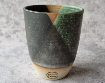 Handmade ceramic tumbler/Keep Cup Geometrix Green and Black- gifts for her - gifts for sister - gifts for him - latte cup - rustic cup