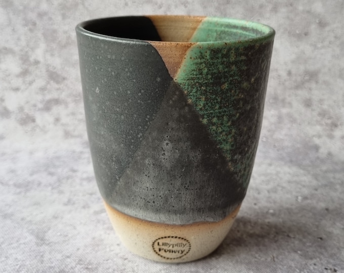 Handmade ceramic tumbler/Keep Cup Geometrix Green and Black- gifts for her - gifts for sister - gifts for him - latte cup - rustic cup