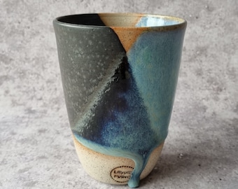 Handmade ceramic tumbler/keep cup - Geometrix in black and blue - gifts for her - gifts for mum - modern decor - latte cup