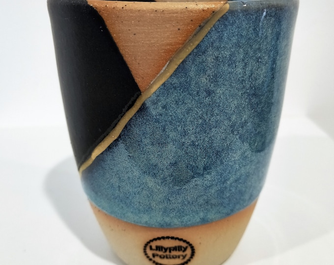 Handmade ceramic tumbler/Keep Cup blue & black with gold detail - gifts for her - gifts for sister - gifts for him - latte cup - rustic cup