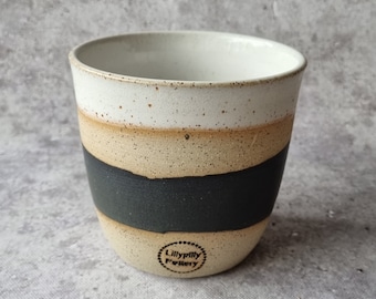 Handmade ceramic tumbler/keep cup - Banded design in black and white - gifts for her - gifts for mum - modern decor - latte cup