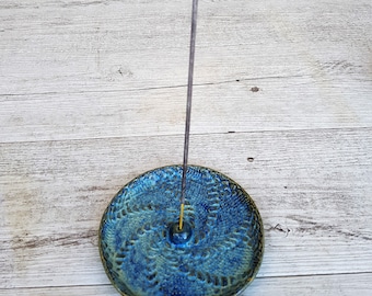 Handmade ceramic incense holder with pattern inlay - round - blue - gifts for her - gifts for home - gifts for mum - made in australia