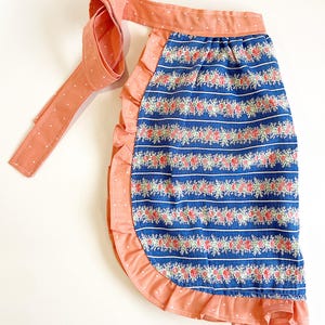 Blue floral made from vintage feed sack! Half apron, vintage style apron, apron made using vintage textiles featuring ruffles!
