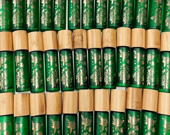 10ml Emerald floral roller bottle, 3 pack, gold metallic floral design printed directly on the bottle, Green, Frosted roller bottle