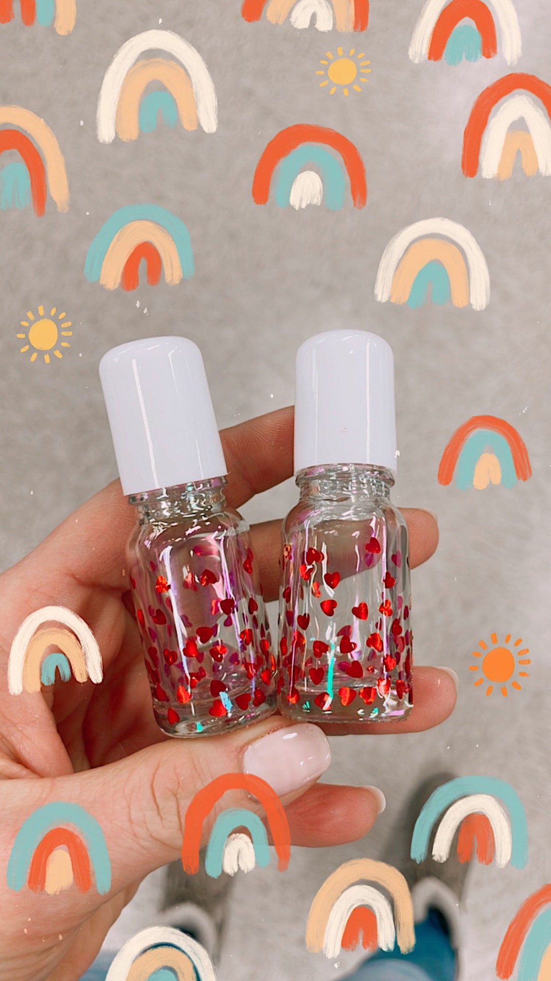 SWEETHEART- 10ml glitter roller bottles- metal roller ball. White cap Pink hearts or Red hearts!